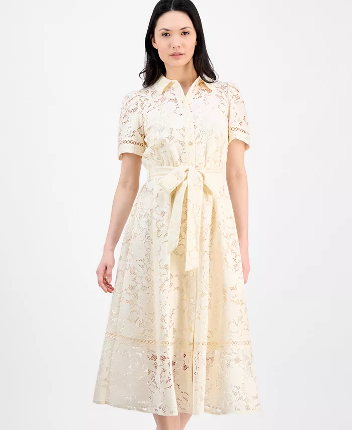 Anne Klein Women's Floral-Lace Tie-Waist Shirtdress Women's Fashion Shoes & Accessories