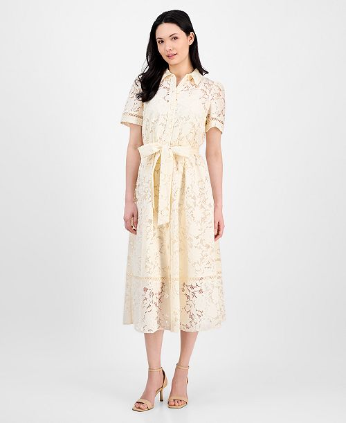Anne Klein Women's Floral-Lace Tie-Waist Shirtdress Women's Fashion Shoes & Accessories