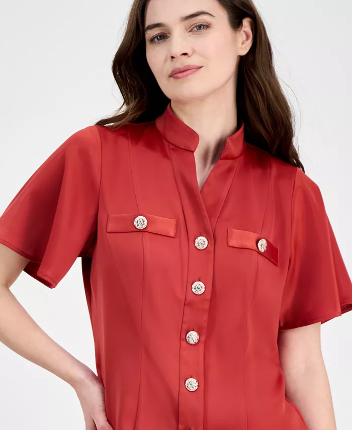 Anne Klein Women's Flutter-Sleeve Button-Front Blouse Women's Fashion Shoes & Accessories