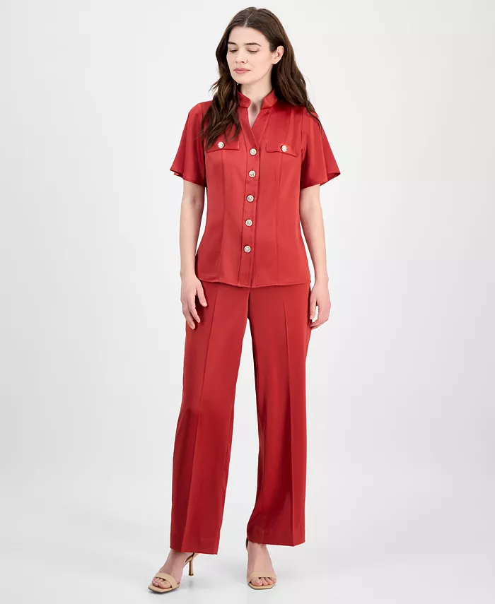 Anne Klein Women's Flutter-Sleeve Button-Front Blouse Women's Fashion Shoes & Accessories