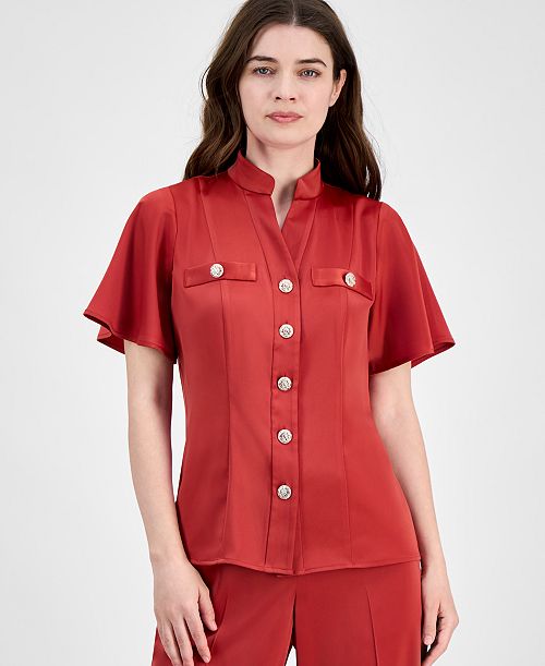 Anne Klein Women's Flutter-Sleeve Button-Front Blouse Women's Fashion Shoes & Accessories