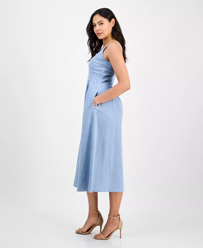 Anne Klein Women's Front-Pleated Square-Neck Midi Dress Women's Fashion Shoes & Accessories