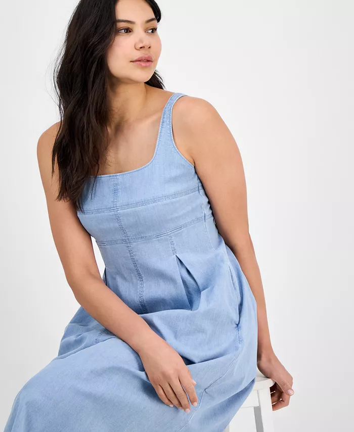 Anne Klein Women's Front-Pleated Square-Neck Midi Dress Women's Fashion Shoes & Accessories