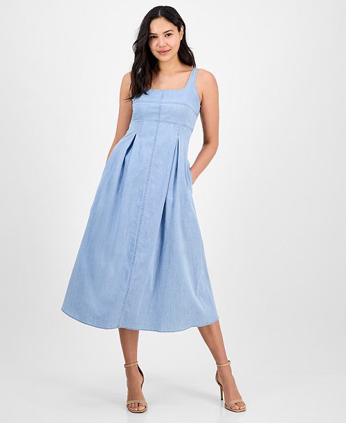 Anne Klein Women's Front-Pleated Square-Neck Midi Dress Women's Fashion Shoes & Accessories