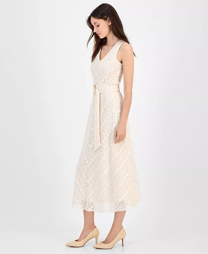 Anne Klein Women's Lace Belted Midi Dress Women's Fashion Shoes & Accessories