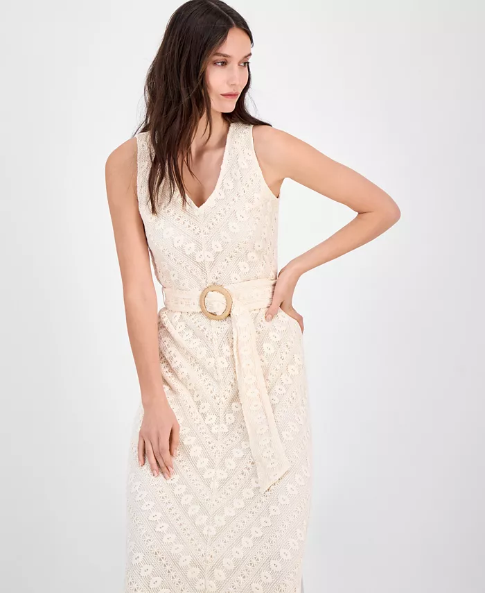 Anne Klein Women's Lace Belted Midi Dress Women's Fashion Shoes & Accessories