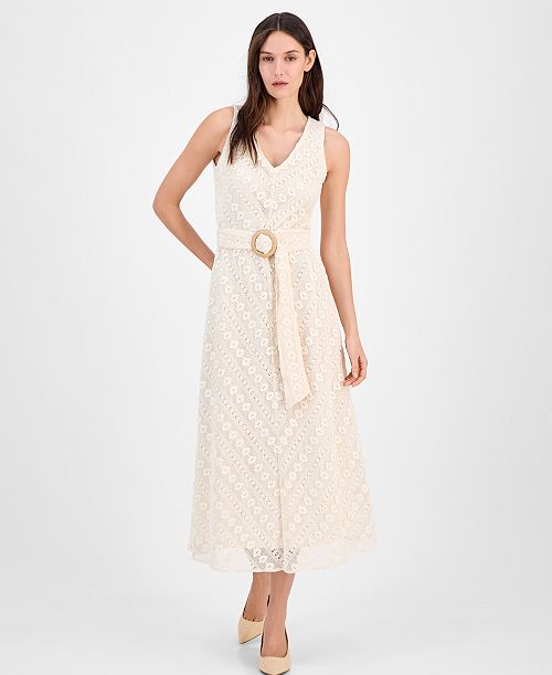 Anne Klein Women's Lace Belted Midi Dress Women's Fashion Shoes & Accessories