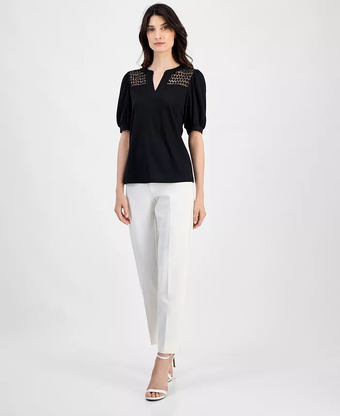 Anne Klein Women's Lace-Inset Puff-Sleeve Blouse Women's Fashion Shoes & Accessories