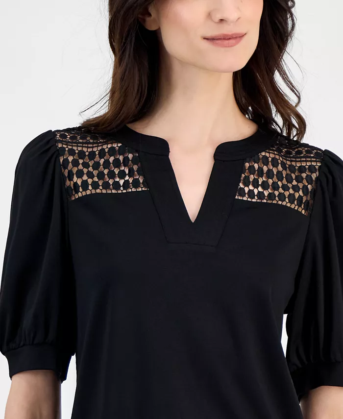 Anne Klein Women's Lace-Inset Puff-Sleeve Blouse Women's Fashion Shoes & Accessories