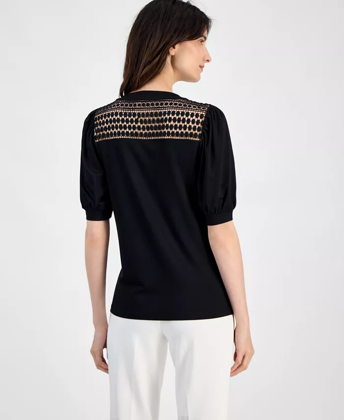 Anne Klein Women's Lace-Inset Puff-Sleeve Blouse Women's Fashion Shoes & Accessories