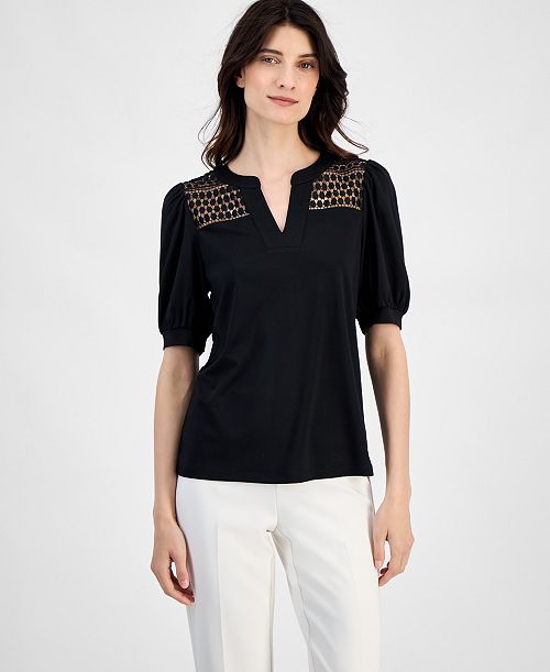 Anne Klein Women's Lace-Inset Puff-Sleeve Blouse Women's Fashion Shoes & Accessories