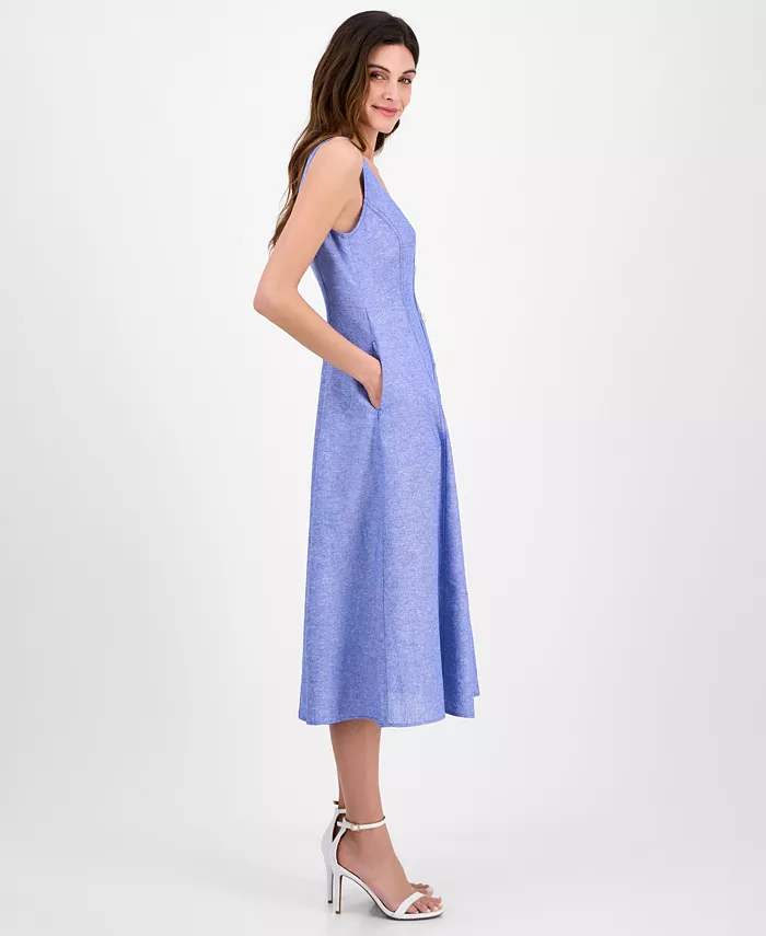 Anne Klein Women's Linen Blend Sleeveless Button-Front A-Line Dress Women's Fashion Shoes & Accessories
