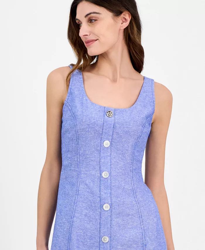 Anne Klein Women's Linen Blend Sleeveless Button-Front A-Line Dress Women's Fashion Shoes & Accessories