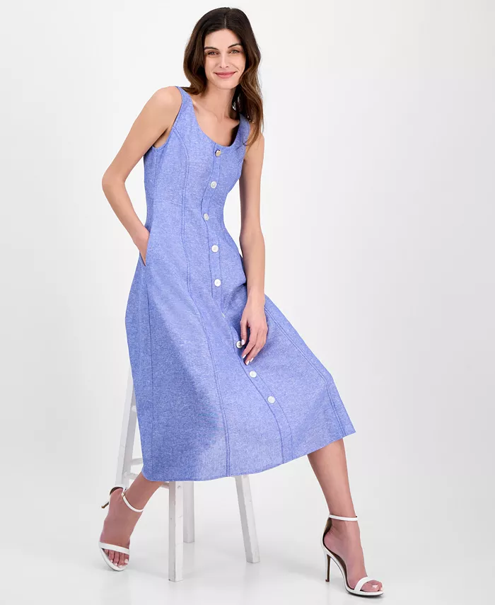 Anne Klein Women's Linen Blend Sleeveless Button-Front A-Line Dress Women's Fashion Shoes & Accessories