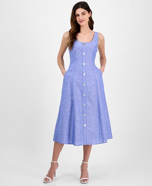 Anne Klein Women's Linen Blend Sleeveless Button-Front A-Line Dress Women's Fashion Shoes & Accessories