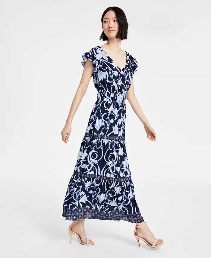 Anne Klein Women's Printed Border-Trim Drawstring Maxi Dress Women's Fashion Shoes & Accessories