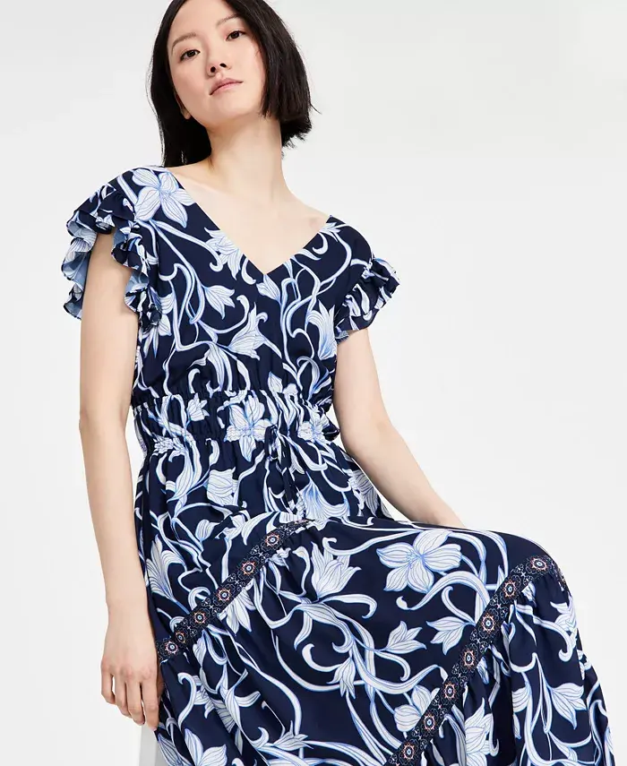 Anne Klein Women's Printed Border-Trim Drawstring Maxi Dress Women's Fashion Shoes & Accessories