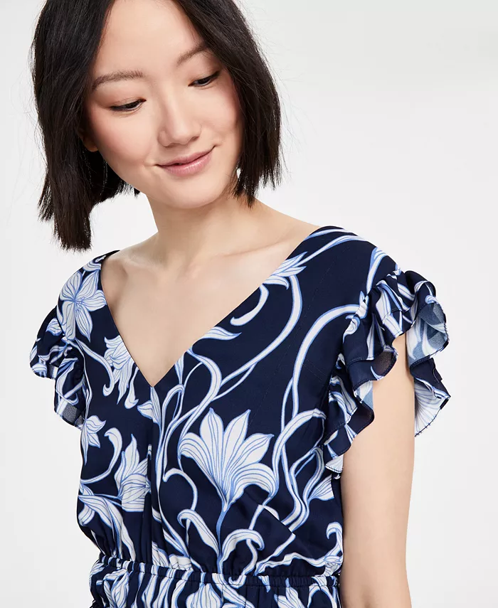 Anne Klein Women's Printed Border-Trim Drawstring Maxi Dress Women's Fashion Shoes & Accessories