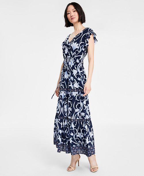 Anne Klein Women's Printed Border-Trim Drawstring Maxi Dress Women's Fashion Shoes & Accessories
