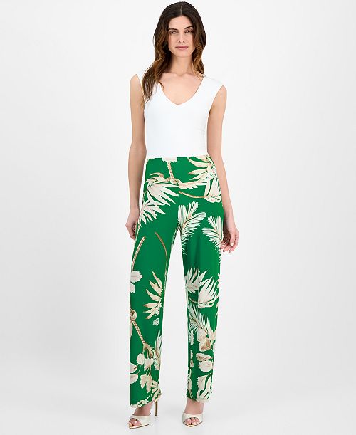 Anne Klein Women's Printed High-Rise Pull-On Wide-Leg Pants Women's Fashion Shoes & Accessories