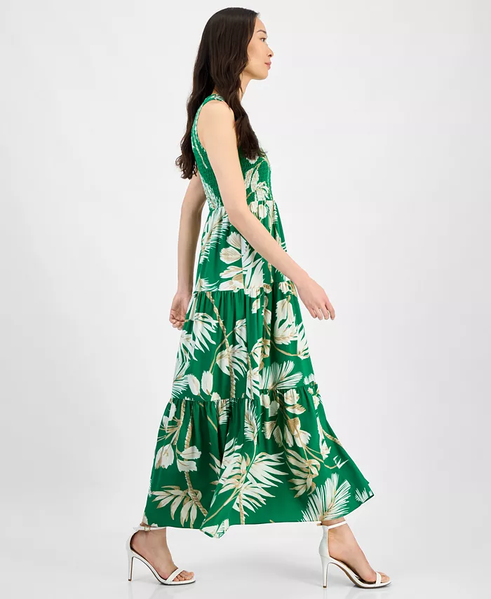 Anne Klein Women's Printed Smocked-Bodice Tiered Dress Women's Fashion Shoes & Accessories