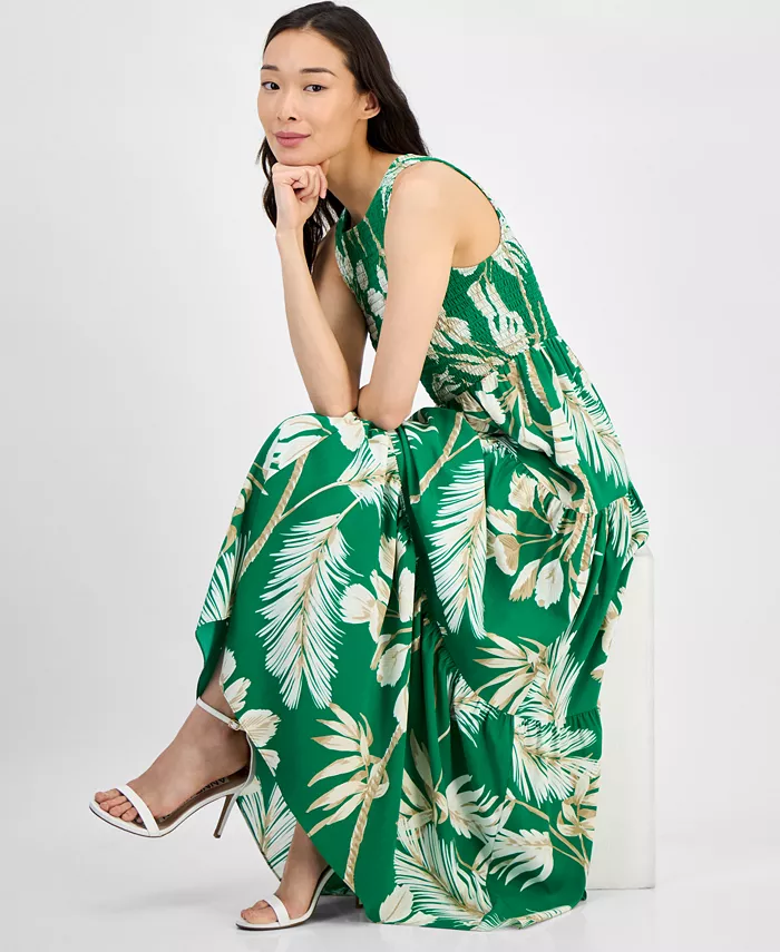 Anne Klein Women's Printed Smocked-Bodice Tiered Dress Women's Fashion Shoes & Accessories