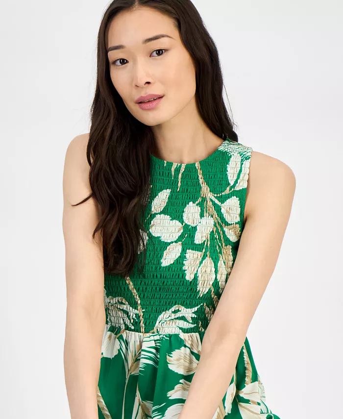 Anne Klein Women's Printed Smocked-Bodice Tiered Dress Women's Fashion Shoes & Accessories