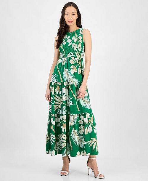 Anne Klein Women's Printed Smocked-Bodice Tiered Dress Women's Fashion Shoes & Accessories