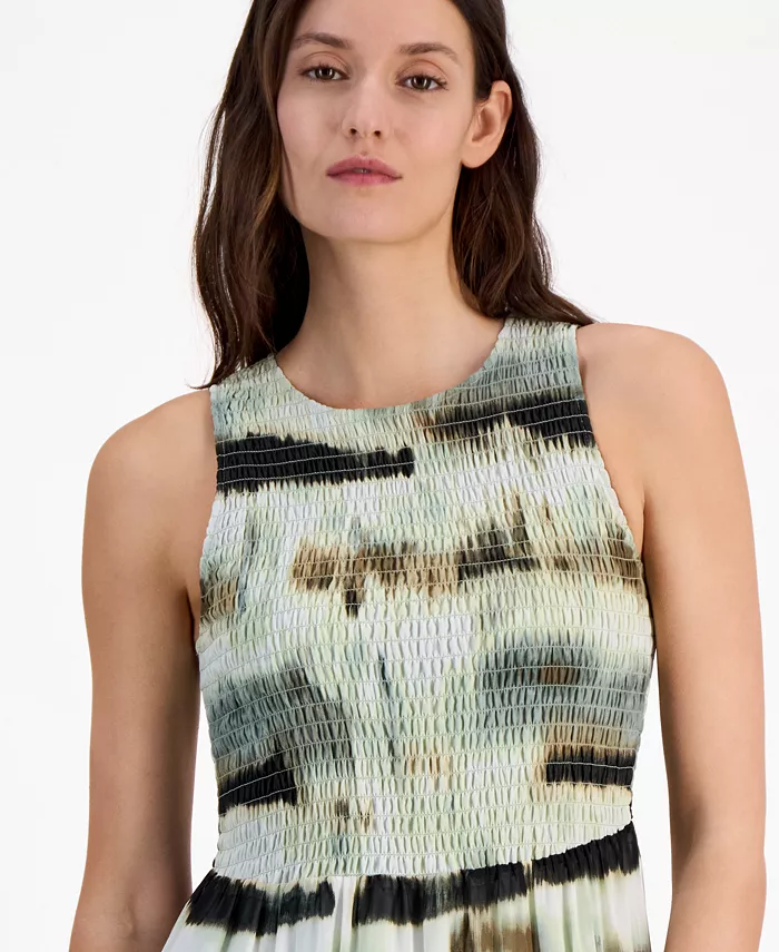 Anne Klein Women's Printed Smocked-Bodice Tiered Maxi Dress Women's Fashion Shoes & Accessories