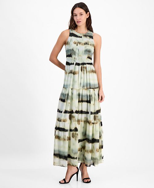 Anne Klein Women's Printed Smocked-Bodice Tiered Maxi Dress Women's Fashion Shoes & Accessories