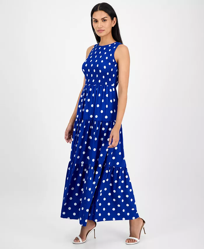Anne Klein Women's Printed Smocked Tiered Maxi Dress Women's Fashion Shoes & Accessories
