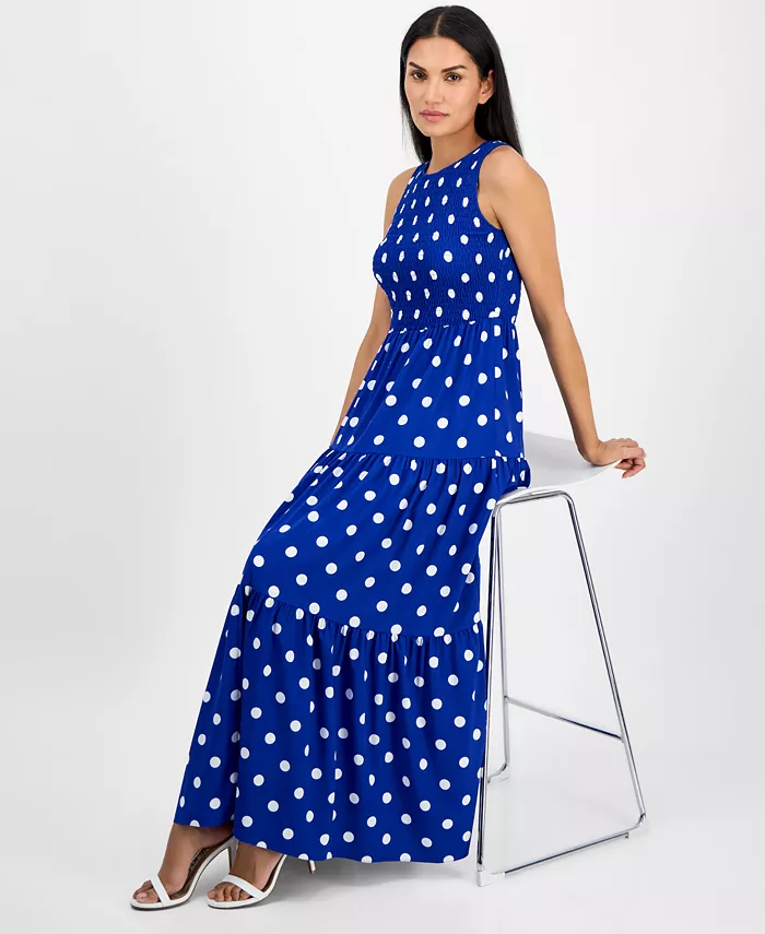 Anne Klein Women's Printed Smocked Tiered Maxi Dress Women's Fashion Shoes & Accessories