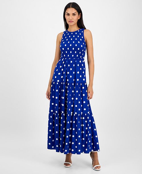 Anne Klein Women's Printed Smocked Tiered Maxi Dress Women's Fashion Shoes & Accessories