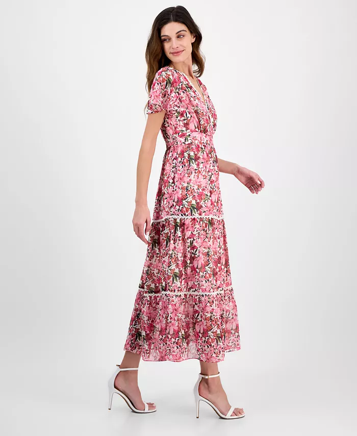 Anne Klein Women's Printed Surplice-Neck Flutter-Sleeve Dress Women's Fashion Shoes & Accessories