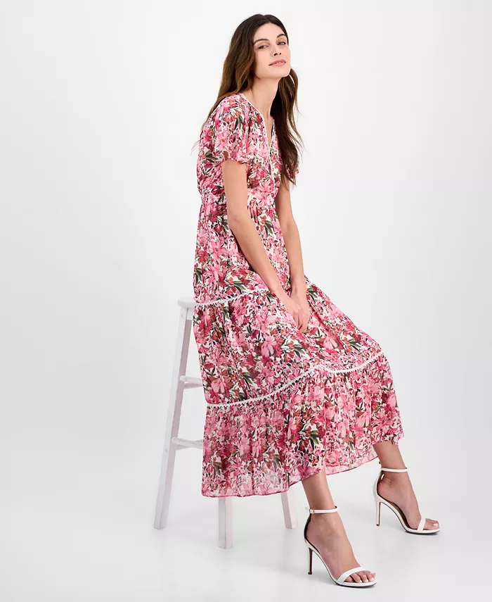 Anne Klein Women's Printed Surplice-Neck Flutter-Sleeve Dress Women's Fashion Shoes & Accessories