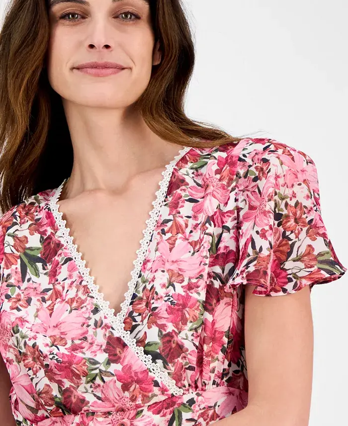 Anne Klein Women's Printed Surplice-Neck Flutter-Sleeve Dress Women's Fashion Shoes & Accessories