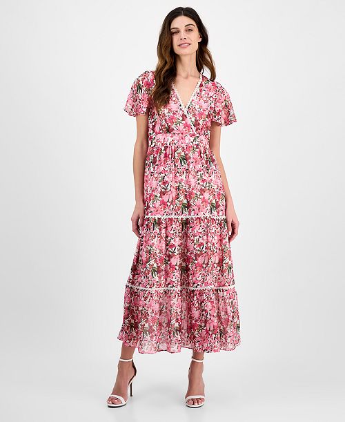 Anne Klein Women's Printed Surplice-Neck Flutter-Sleeve Dress Women's Fashion Shoes & Accessories