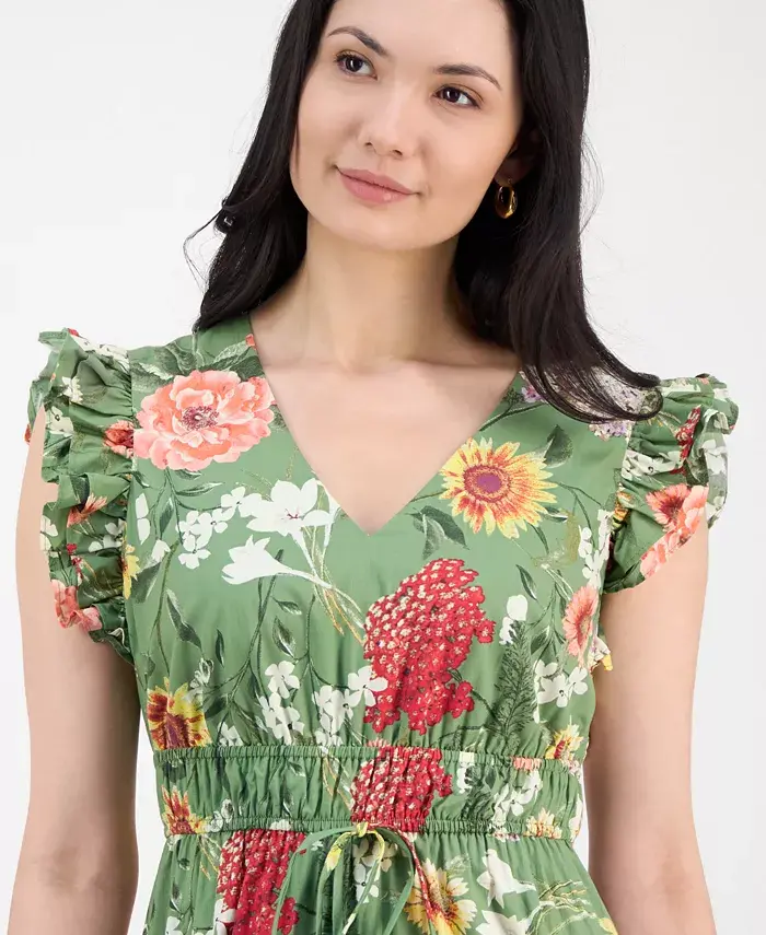 Anne Klein Women's Printed V-Neck Drawstring Maxi Dress Women's Fashion Shoes & Accessories