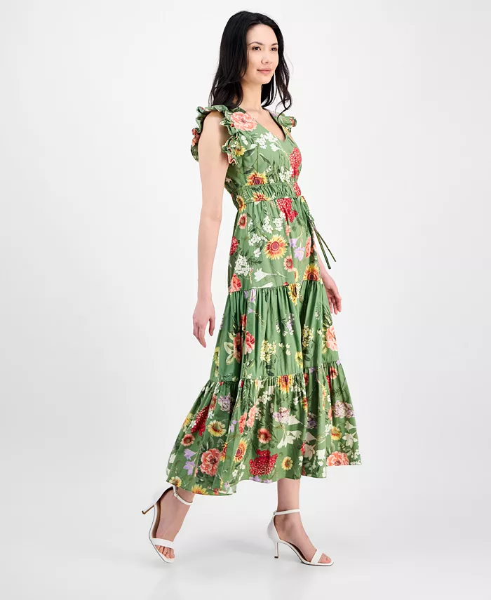 Anne Klein Women's Printed V-Neck Drawstring Maxi Dress Women's Fashion Shoes & Accessories