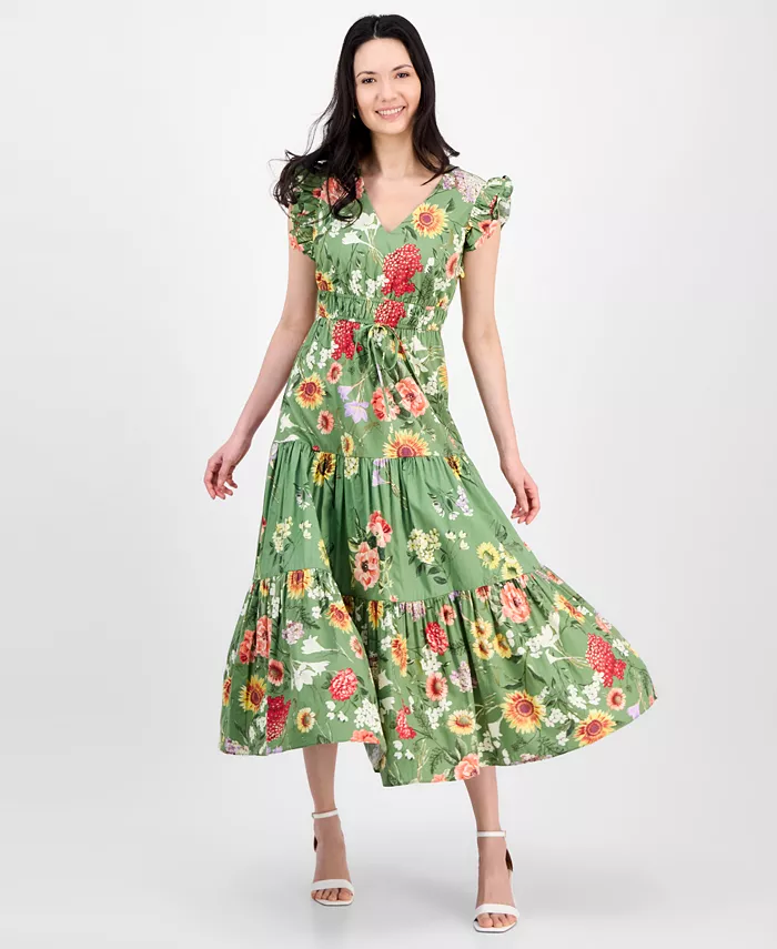 Anne Klein Women's Printed V-Neck Drawstring Maxi Dress Women's Fashion Shoes & Accessories