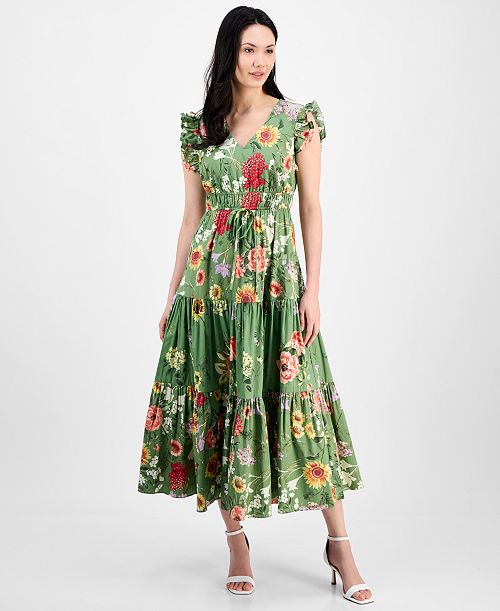 Anne Klein Women's Printed V-Neck Drawstring Maxi Dress Women's Fashion Shoes & Accessories