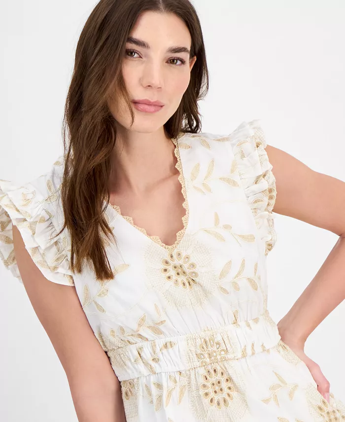 Anne Klein Women's Ruffled Embroidered V-Neck Dress Women's Fashion Shoes & Accessories