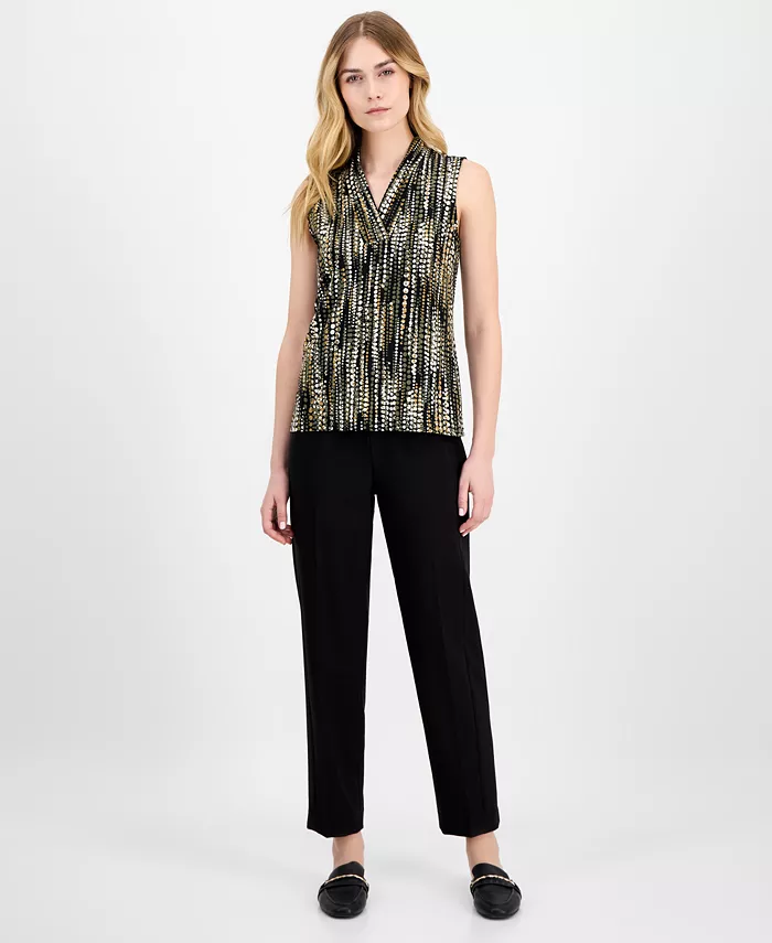 Anne Klein Women's Sleeveless Pleated V-Neck Shell Top Women's Fashion Shoes & Accessories
