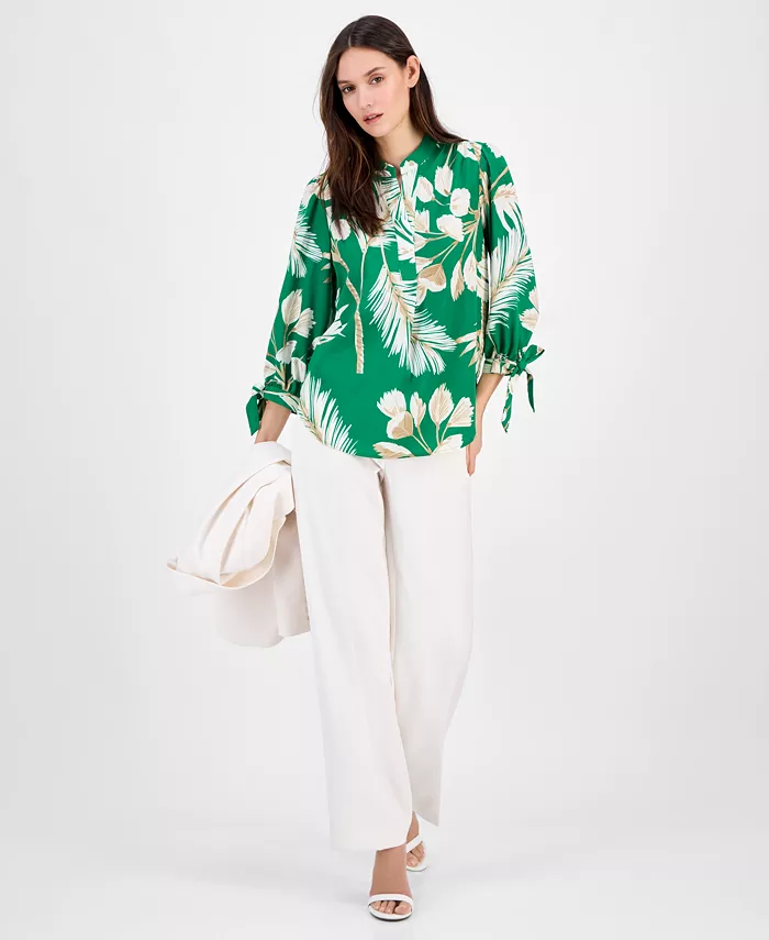 Anne Klein Women's Split-Neck Tie-Cuff Blouse Women's Fashion Shoes & Accessories