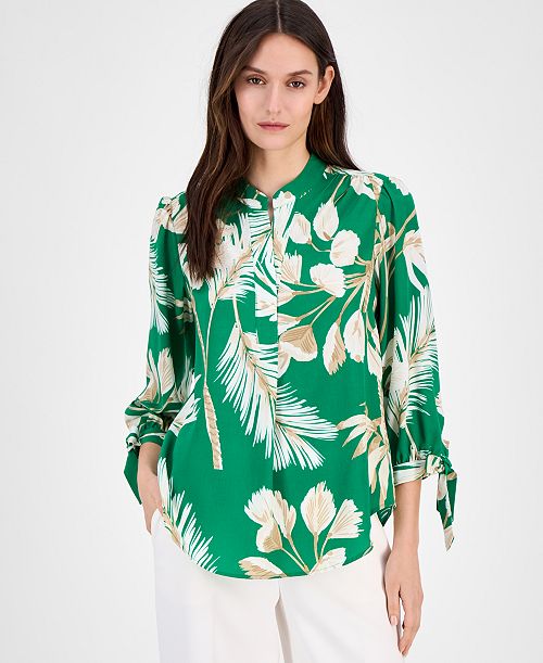 Anne Klein Women's Split-Neck Tie-Cuff Blouse Women's Fashion Shoes & Accessories