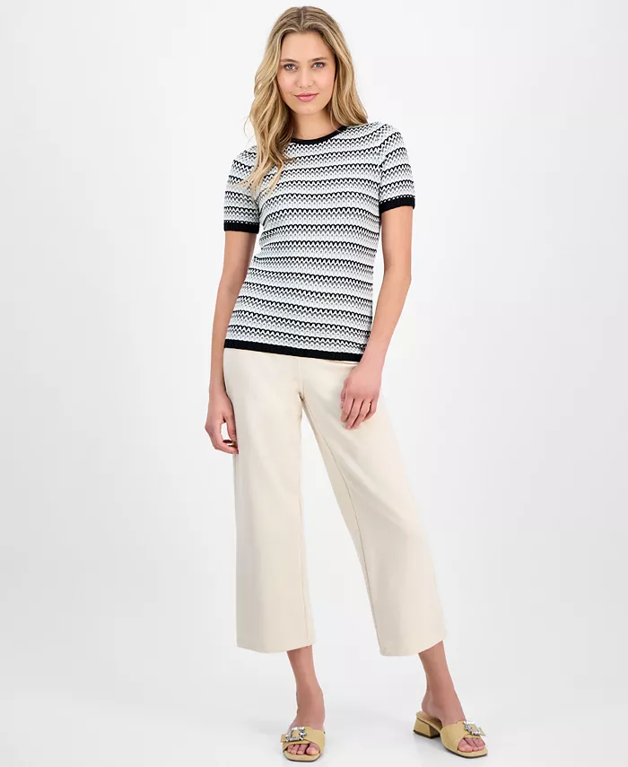 Anne Klein Women's Stripe Stitch Crewneck Top Women's Fashion Shoes & Accessories