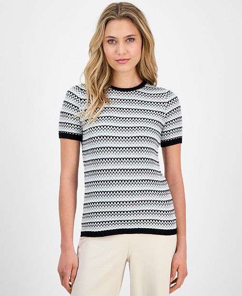 Anne Klein Women's Stripe Stitch Crewneck Top Women's Fashion Shoes & Accessories