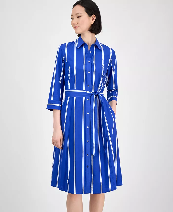 Anne Klein Women's Striped 3/4-Sleeve Midi Shirtdress Women's Fashion Shoes & Accessories
