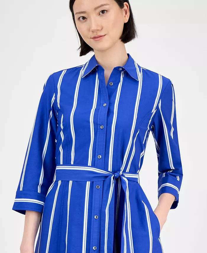 Anne Klein Women's Striped 3/4-Sleeve Midi Shirtdress Women's Fashion Shoes & Accessories