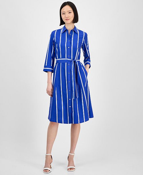 Anne Klein Women's Striped 3/4-Sleeve Midi Shirtdress Women's Fashion Shoes & Accessories